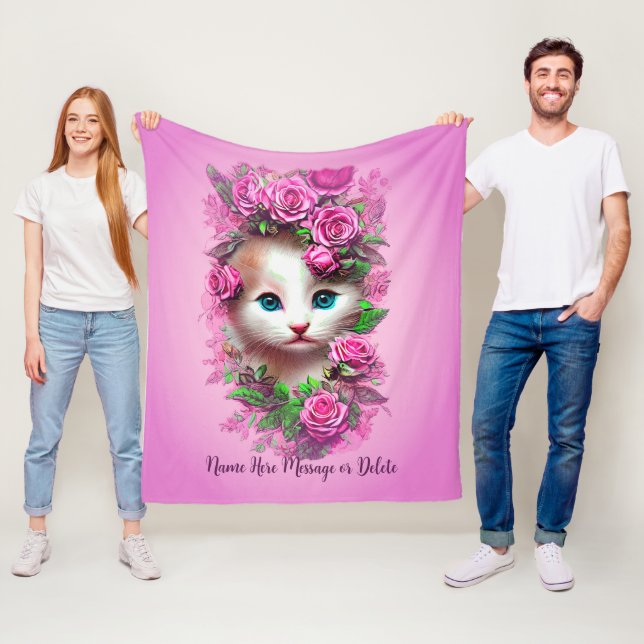 Add Name Text, Cute Shabby Chic Kitten, Pink Roses Fleece Blanket (In Situ)