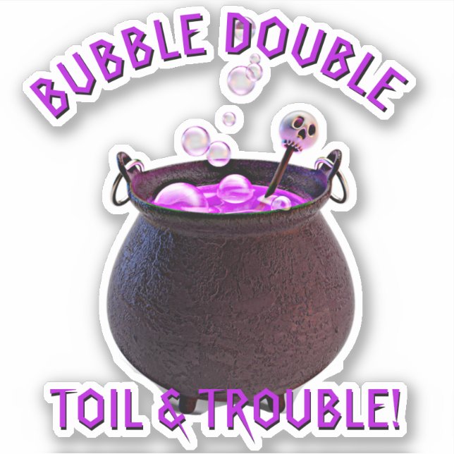 Add Name Text, Double Trouble Witch Cauldron  3D Sticker (Front)