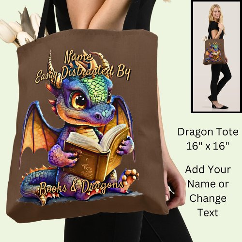 Add Name Text Easily Distracted By Books Dragons Tote Bag