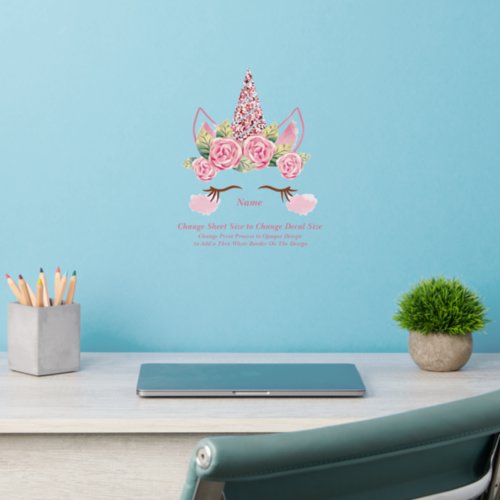 Add Name Text Fantasy Unicorn Horn Flowers Eyes    Wall Decal