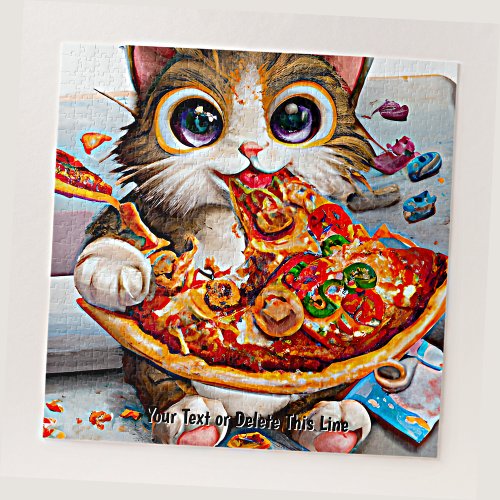Add Name Text Funny Cat Big Eyes and Pizza Jigsaw Puzzle