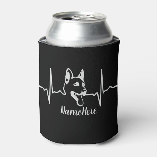 Add Name Text German Shepherd Heartbeat on Black Can Cooler