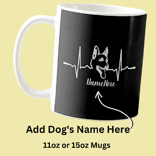 Add Name Text, German Shepherd Heartbeat on Black Coffee Mug
