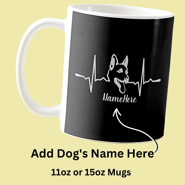 Add Name Text, German Shepherd Heartbeat on Black Coffee Mug (Creator Uploaded)