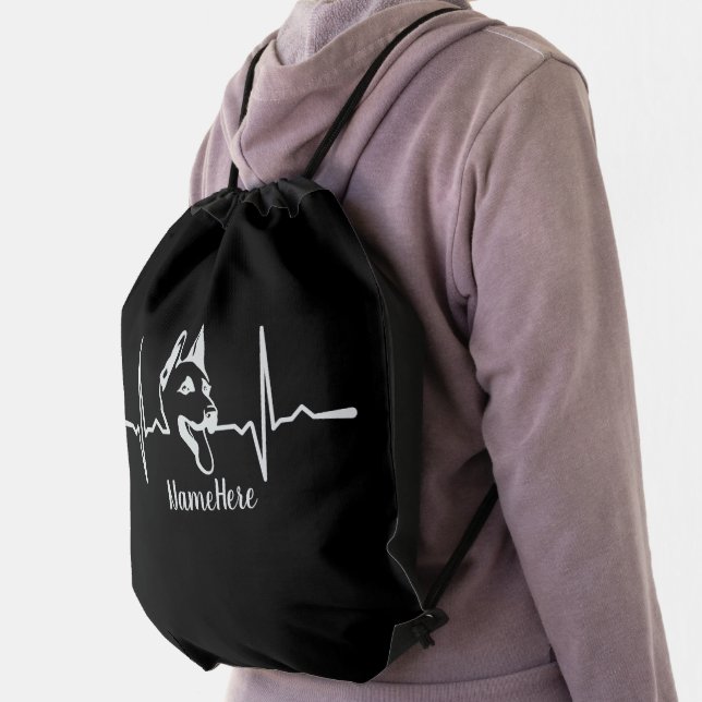 Add Name Text, German Shepherd Heartbeat on Black  Drawstring Bag (Insitu)