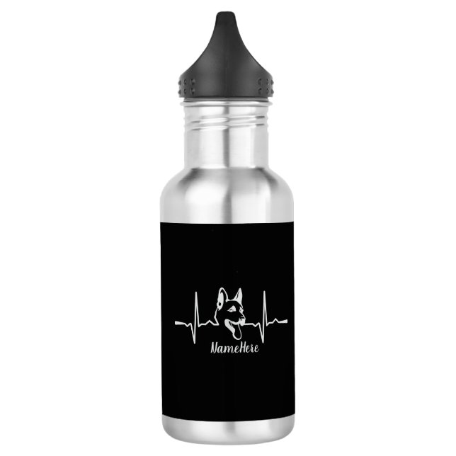 Add Name Text, German Shepherd Heartbeat on Black Stainless Steel Water Bottle (Left)
