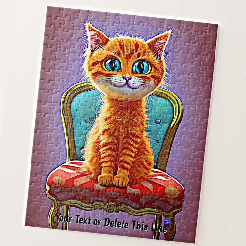 Add Name Text Ginger Cat Kitten Sitting on Chair  Jigsaw Puzzle