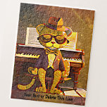 Add Name Text, Ginger Cool Cat Sunglasses & Piano Jigsaw Puzzle<br><div class="desc">Add your own message,  or blank to delete the line - Ginger Cool Cat with Sunglasses and Piano on Brown</div>