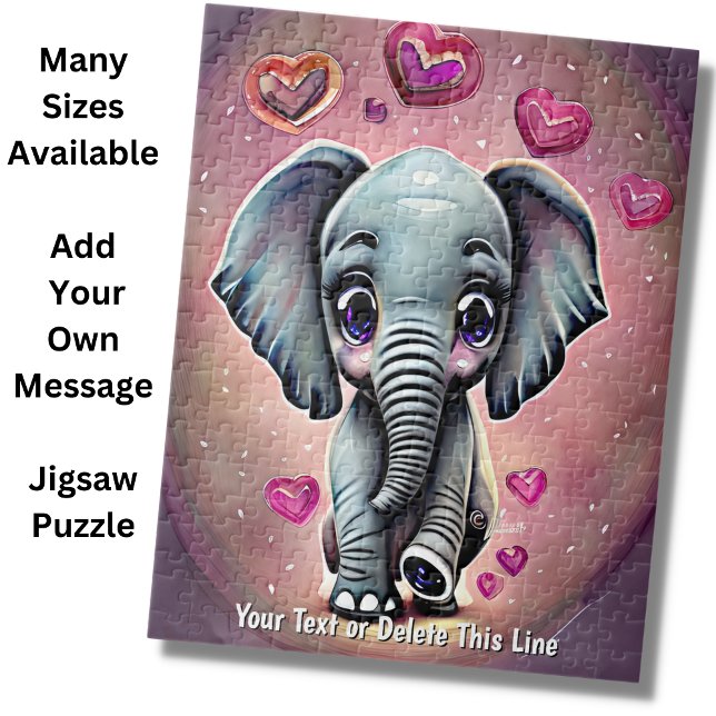 Add Name Text, Gray Baby Elephant with Pink Hearts Jigsaw Puzzle (Creator Uploaded)
