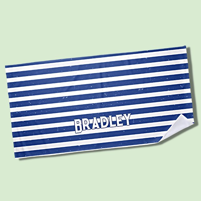 Add Name Text, Grungy Dark Blue White Stripes Beach Towel (Creator Uploaded)