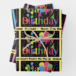 Add Name & Text Happy Birthday Balloons 3 Wrapping Paper Sheets