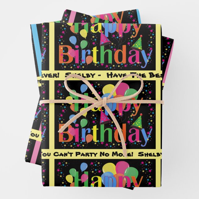 Add Name & Text Happy Birthday Balloons 3 Wrapping Paper Sheets (In situ)