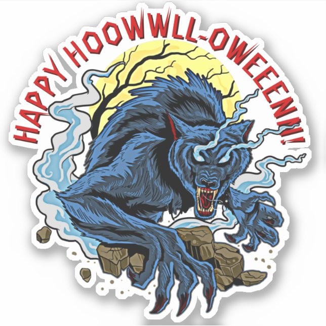 Add Name Text, Happy Howl-Oween Wolf Phrase Saying Sticker (Front)