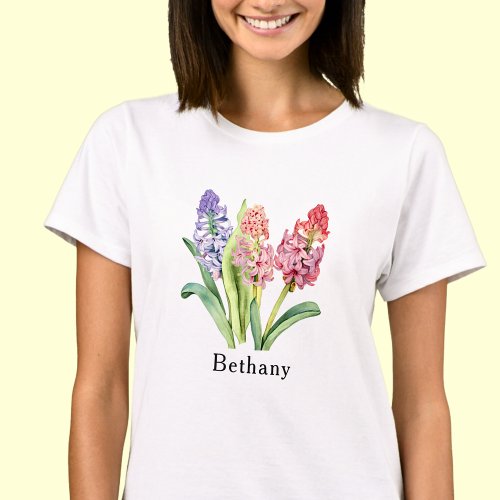 Add Name Text  Hyacinth Flowers Pinks  Purples T_Shirt