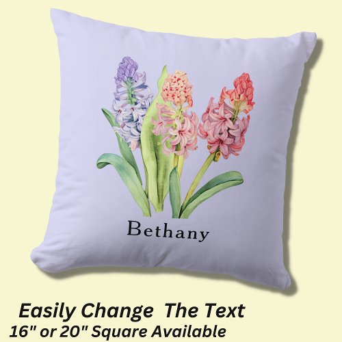 Add Name Text  Hyacinth Flowers Pinks  Purples Throw Pillow
