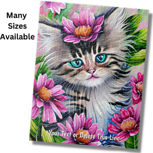 Add Name Text Kitten with Pink Flowers Green Leaf Jigsaw Puzzle