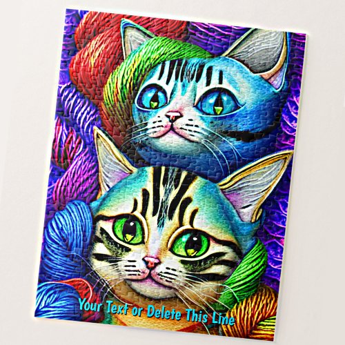 Add Name Text Kittens Playing Bright Color Yarn   Jigsaw Puzzle