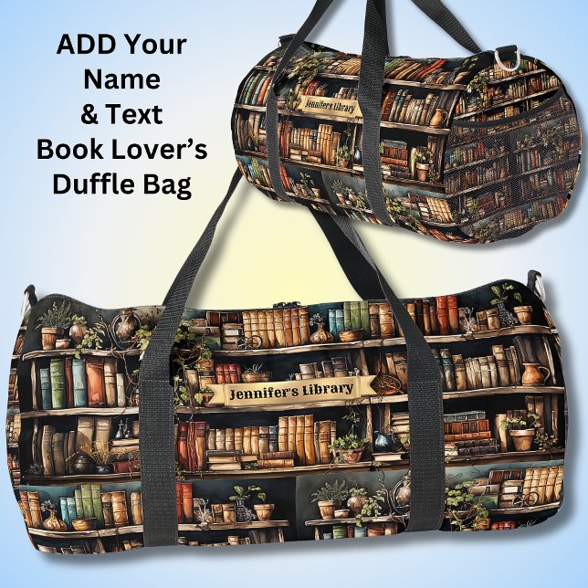 Add Name Text - Library Books on Bookshelves Duffle Bag (Creator Uploaded)