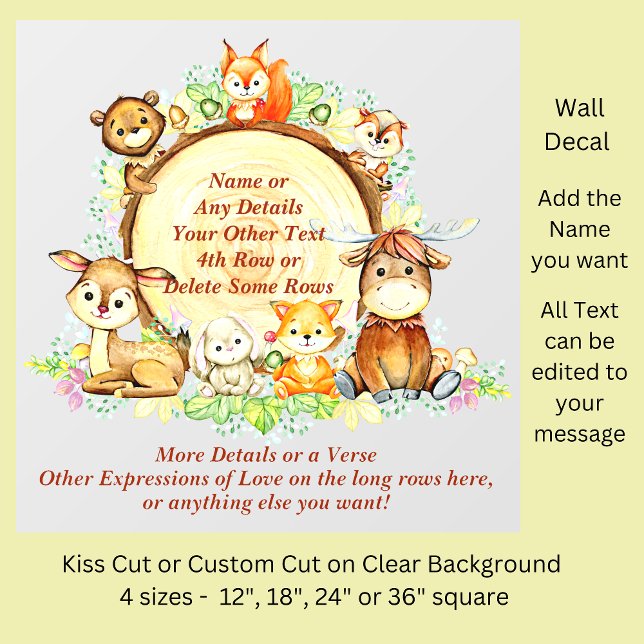 Add Name Text, Many Woodland Animals Around Log    Wall Decal (Creator Uploaded)