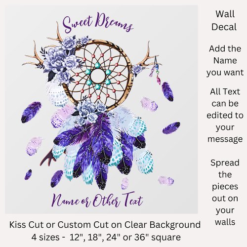 Add Name Text Mauve Blue Feather Dream Catcher 12 Wall Decal