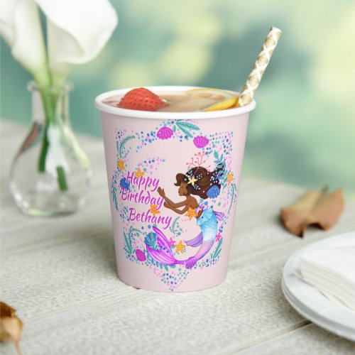 Add Name Text Mermaid Pink Mauve Aqua Party  Paper Cups