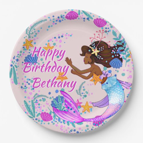 Add Name Text Mermaid Pink Mauve Aqua Party Paper Plates