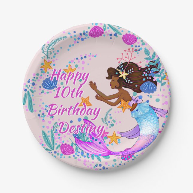 Add Name Text Mermaid Pink Mauve Aqua Party Paper Plates (Front)