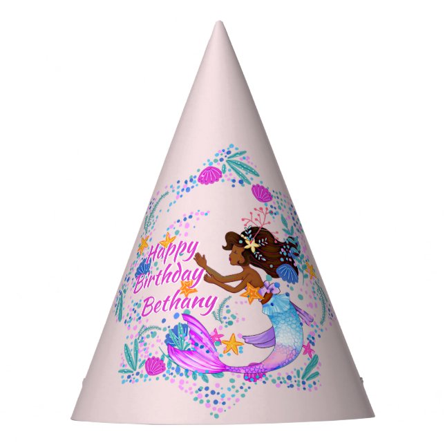 Add Name Text Mermaid Pink Mauve Aqua Party   Party Hat (Front)