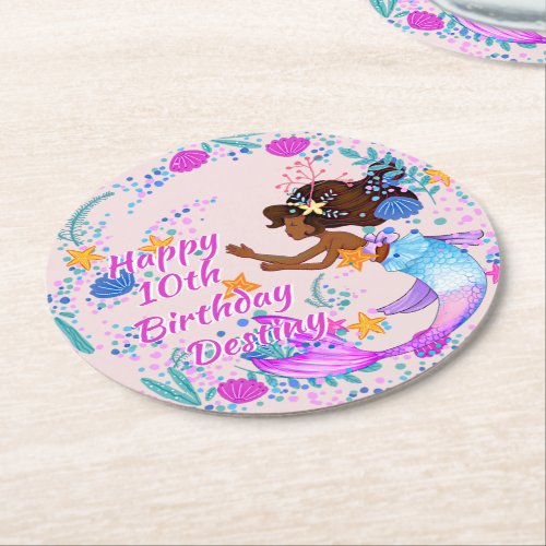 Add Name Text Mermaid Pink Mauve Aqua Party  Round Paper Coaster