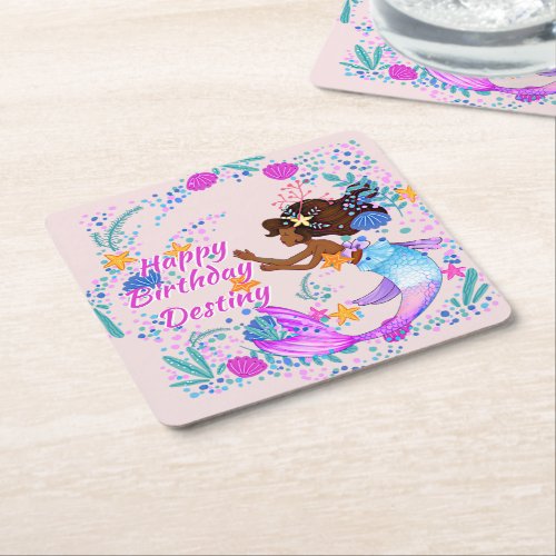 Add Name Text Mermaid Pink Mauve Aqua Party  Square Paper Coaster