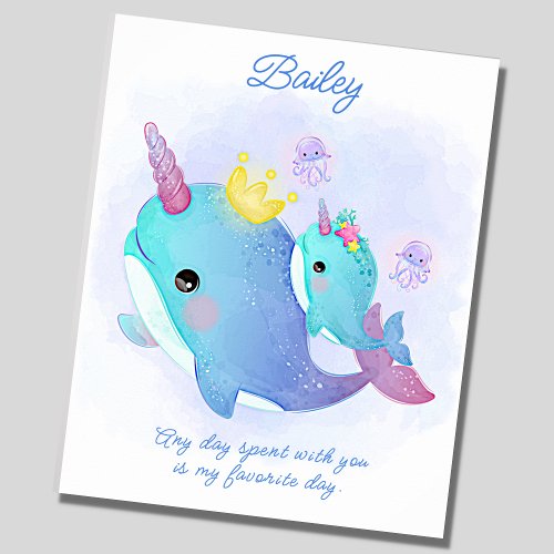 Add Name Text Narwhal Whale  Baby Nursery Poster