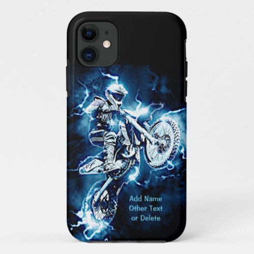 Add Name Text or Delete Blue Lightning Motocross iPhone 11 Case