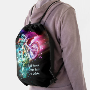 Add Name Text (or Delete) Motocross Bike Rider Drawstring Bag