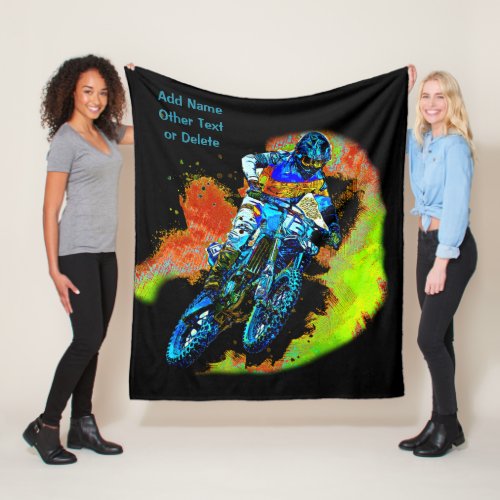 Add Name Text or Delete Motocross Rider Dirt  Fleece Blanket