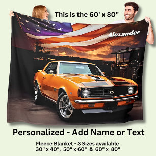 Add Name Text, Orange Muscle Car Fleece Blanket