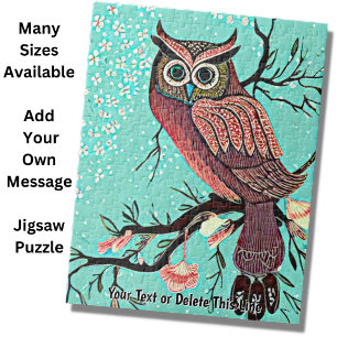 Add Name Text, Owl on Branch with Flowers & Aqua S Jigsaw Puzzle