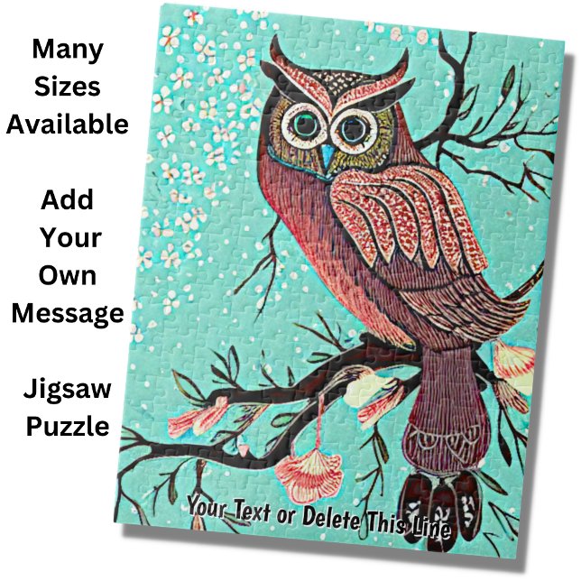 Add Name Text, Owl on Branch with Flowers & Aqua S Jigsaw Puzzle (Creator Uploaded)