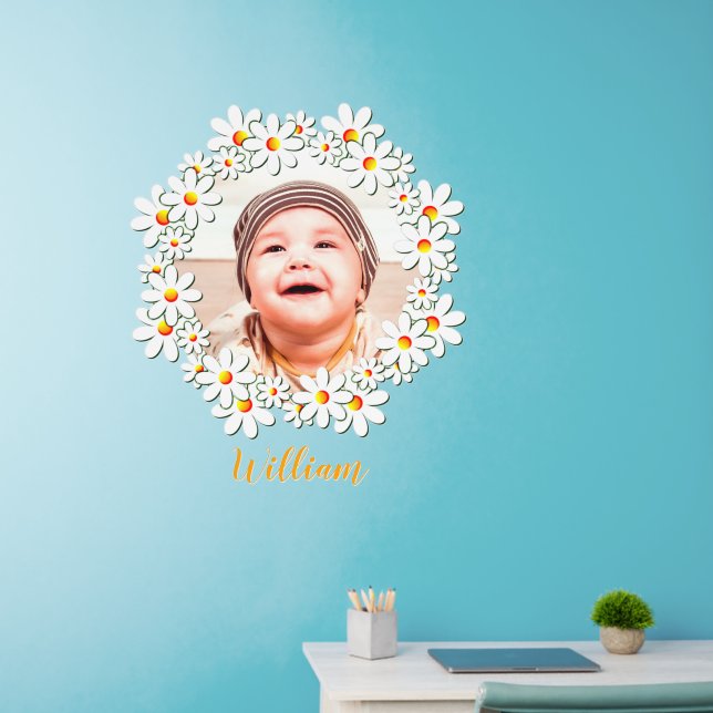 Add Name Text Photo White Yellow Daisy Flower      Wall Decal (Home Office)