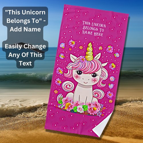 Add Name Text Pink Baby Unicorn  Stars on Pink Beach Towel