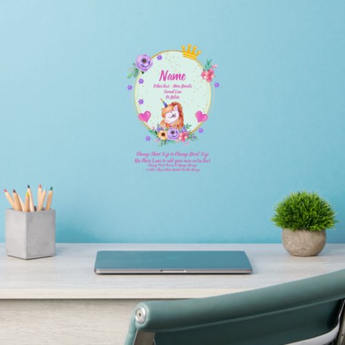 Add Name Text Pink Green Unicorn Floral Border Wall Decal