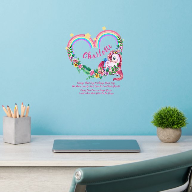 Add Name Text Pink Heart Rainbow Unicorn Nursery   Wall Decal (Home Office 2)