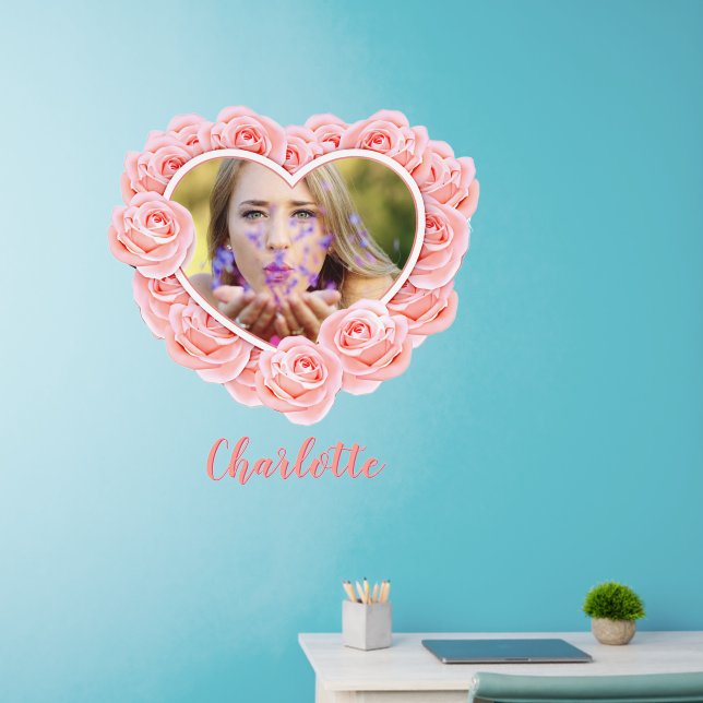 Add Name Text Pink Roses Heart Shape Photo Frame Wall Decal (Home Office)
