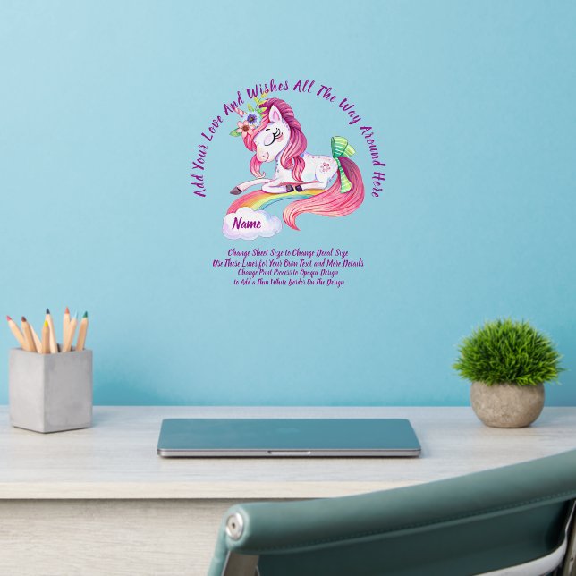 Add Name Text Pink Unicorn Rainbow Flowers Nursery Wall Decal (Home Office 2)