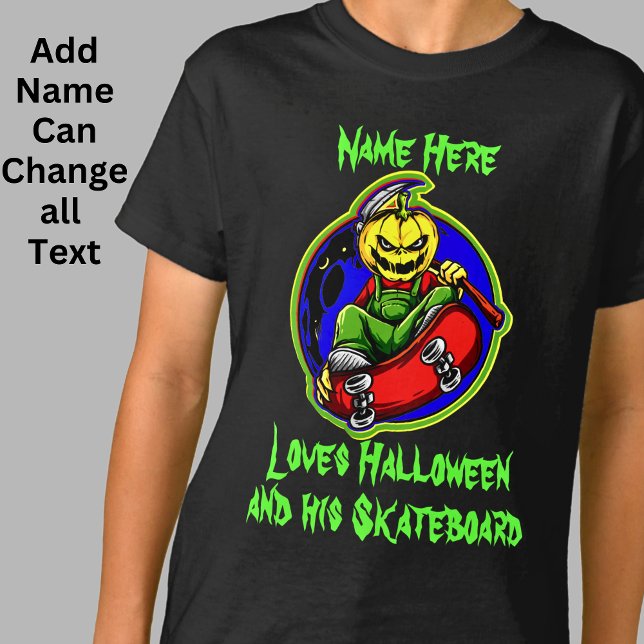 Add Name Text Pumpkin Monster Skateboard Halloween T-Shirt (Creator Uploaded)
