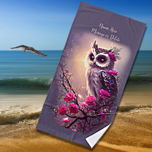 Add Name Text, Purple Owl & Pink Flowers Mauve Beach Towel