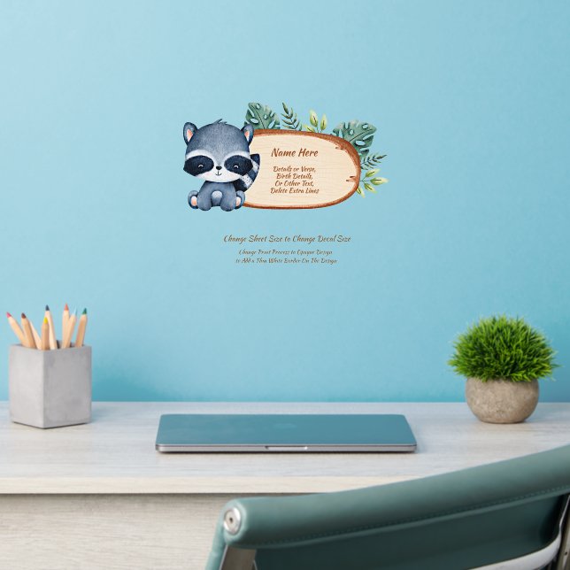 Add Name Text, Raccoon Sign Board Plaque Nursery   Wall Decal (Home Office 2)