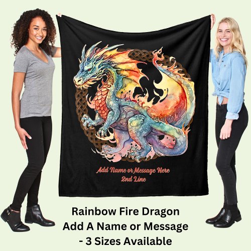 Add Name Text Rainbow Fire Dragon Fleece Blanket