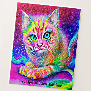 Add Name Text, Rainbow Neon Cat Kitten with Yarn Jigsaw Puzzle