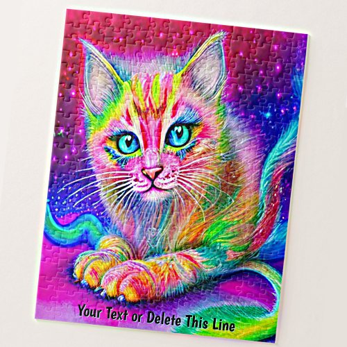 Add Name Text Rainbow Neon Cat Kitten with Yarn Jigsaw Puzzle