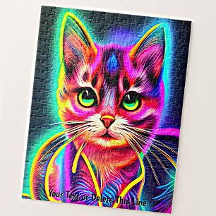 Add Name Text, Rainbow Neon Effect Cat  Jigsaw Puzzle